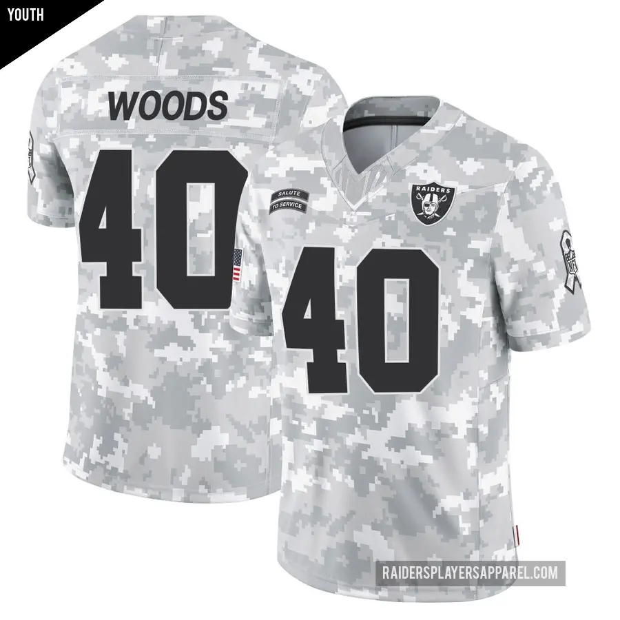 Youth Las Vegas Raiders ＃40 JT Woods Arctic Camo Limited 2024 Salute to Service Jersey