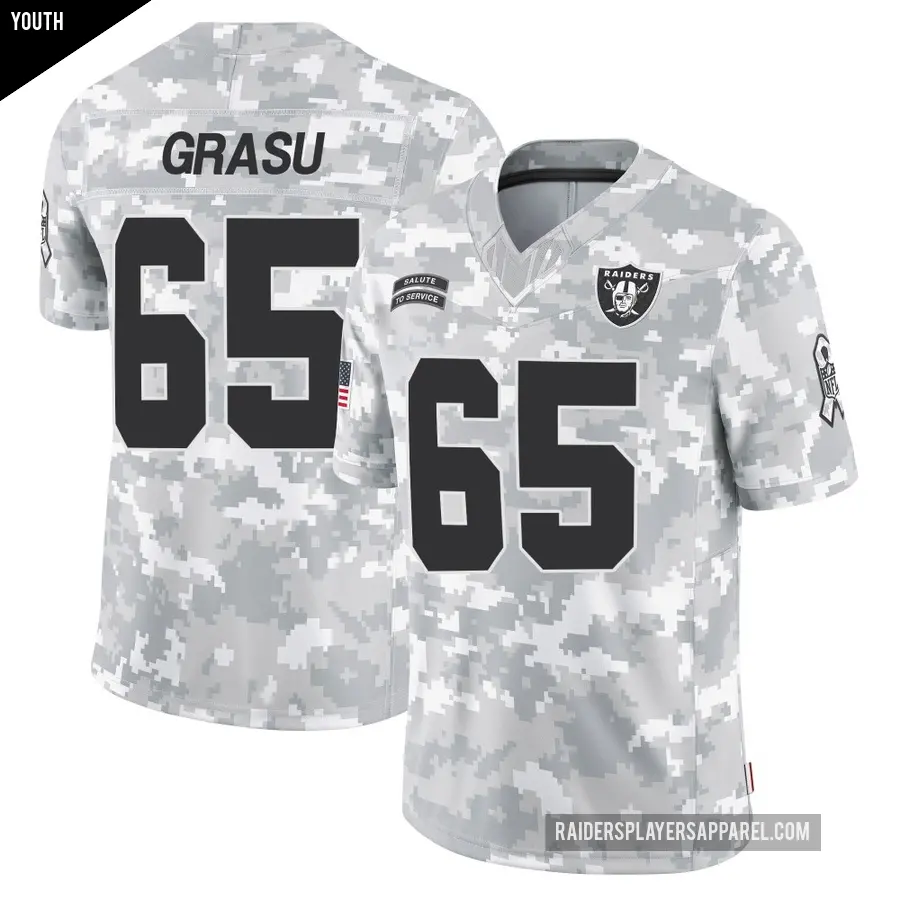 Youth Las Vegas Raiders ＃65 Hroniss Grasu Arctic Camo Limited 2024 Salute to Service Jersey